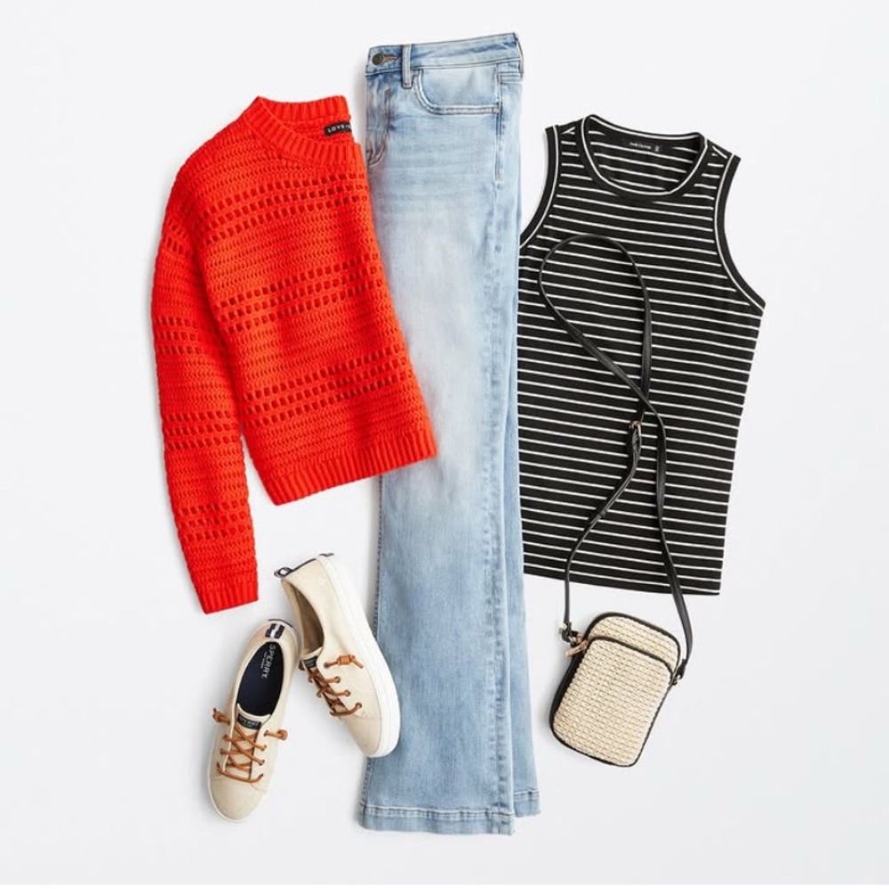 Red Sweater and Striped Tank with Light Jeans